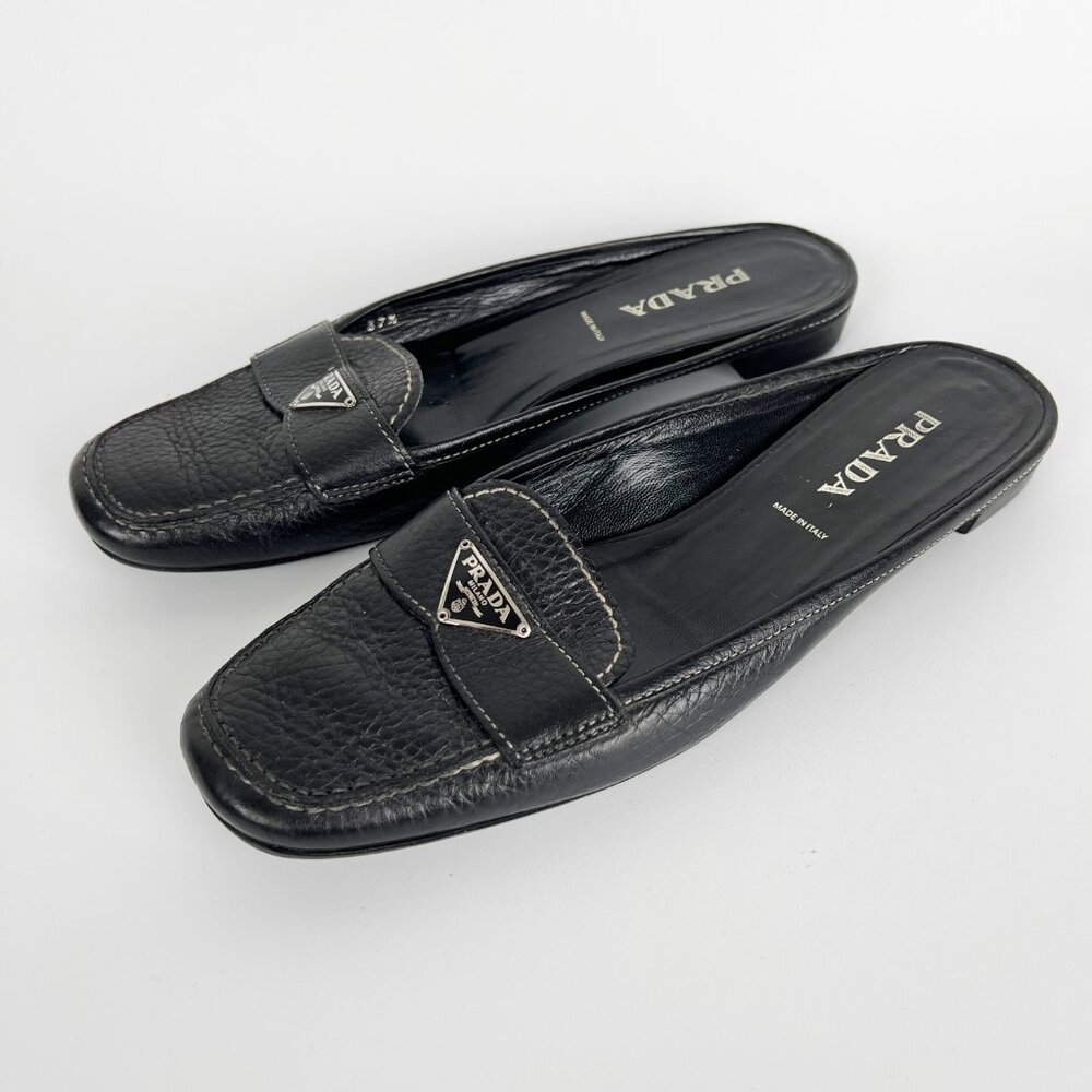 Vintage Prada 90s Y2K Leather Penny Loafer Slide Mules Slip On Flats 1990s 2000s
